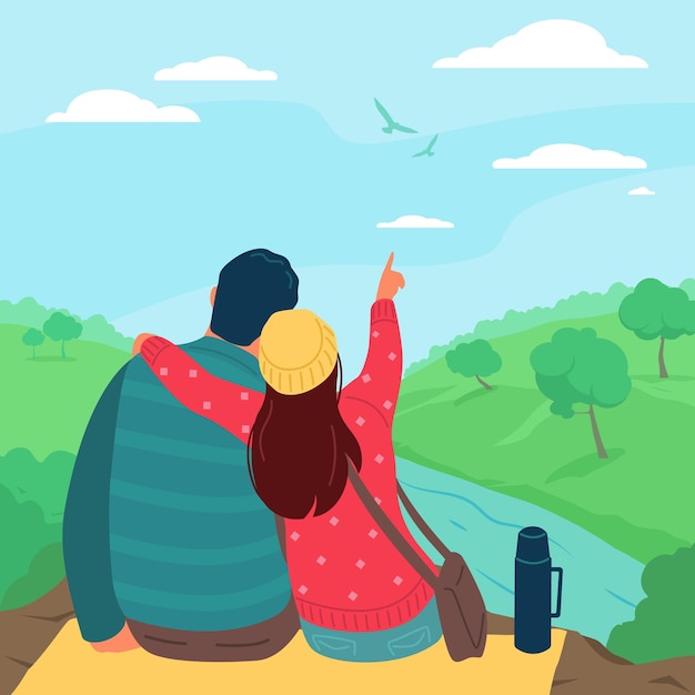 Back view hugging couple. Lovers sitting and embrace. People admiring scenic nature on picnic. Romantic atmosphere. Guy and girl walking outdoor. Happy travelers looking into distance. Vector concept