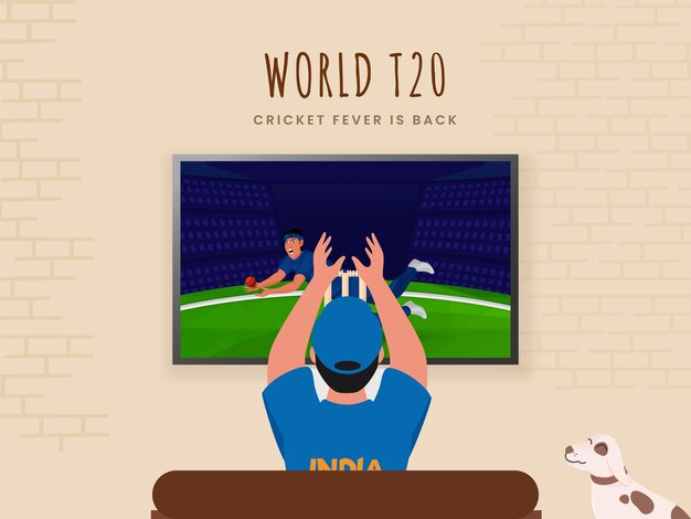 Vettore vista posteriore dell'uomo sostenitore dell'india che guarda la partita di cricket del mondo t20 sullo schermo lcd su sfondo muro di mattoni beige