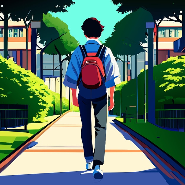 Vector back view of a lanky sad asia high school boy walking very slowly away from camera jeans full bodyin