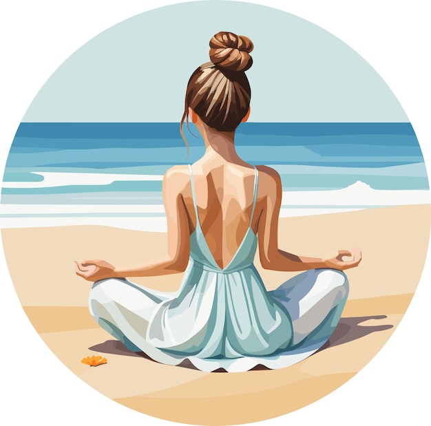 Back view of meditation woman on the beach and sea watercolor style illustration peaceful moment