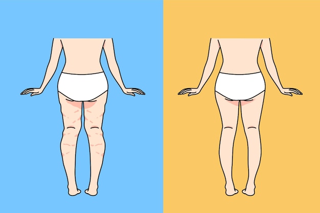 벡터 셀룰라이트 제거 전후 속옷을 입은 여성의 뒷모습. 여성의 하체 다리와 엉덩이에는 셀룰라이트 방지 시술 또는 치료가 있습니다. 체형과 건강. 벡터 일러스트 레이 션.