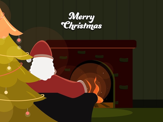back view of santa claus sitting on sofa with decorative xmas tree in fireplace room for merry christmas celebration concept