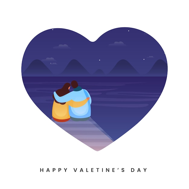 Back view of young couple sitting together at seaside with mountain view on blue heart shape and white background.