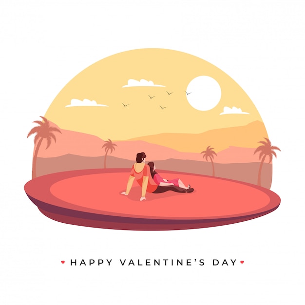 Vector back view of young lover couple sitting on sun nature landscape