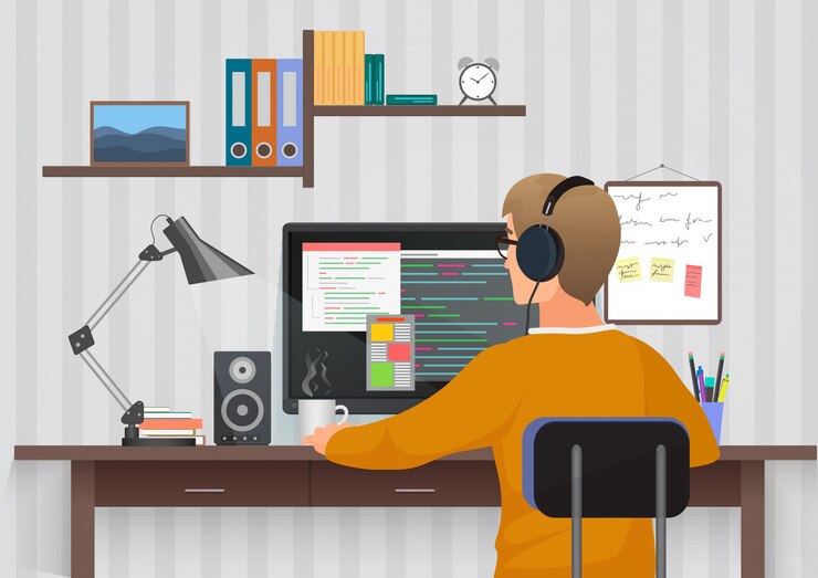 Vector back view of young man workplace