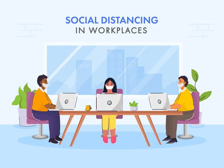 Vector back to work after pandemic concept with maintain social distance message.