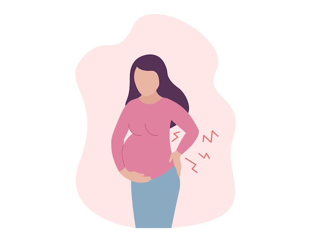 Backache during pregnancy. pregnant woman suffering from lower back pain. spinal discomfort. vector concept illustration.