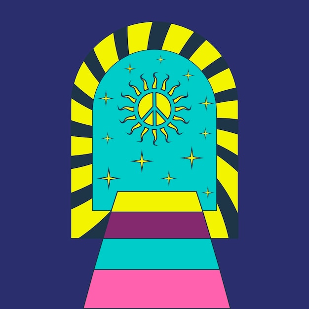 레인보우 평화 기호와 꽃이 있는 게이트 레인보우 경로가 있는 히피 스타일의 배경 아이콘 스티커