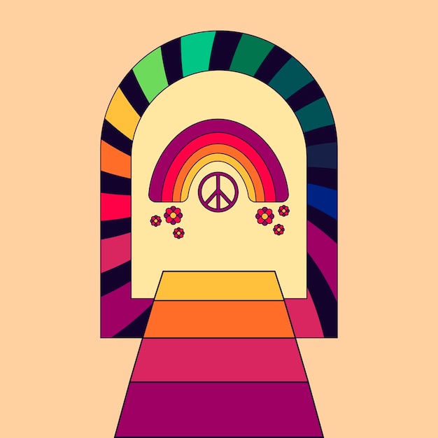 Backdrop Icon sticker in hippie style with gate rainbow path with Rainbow peace sign and flowers