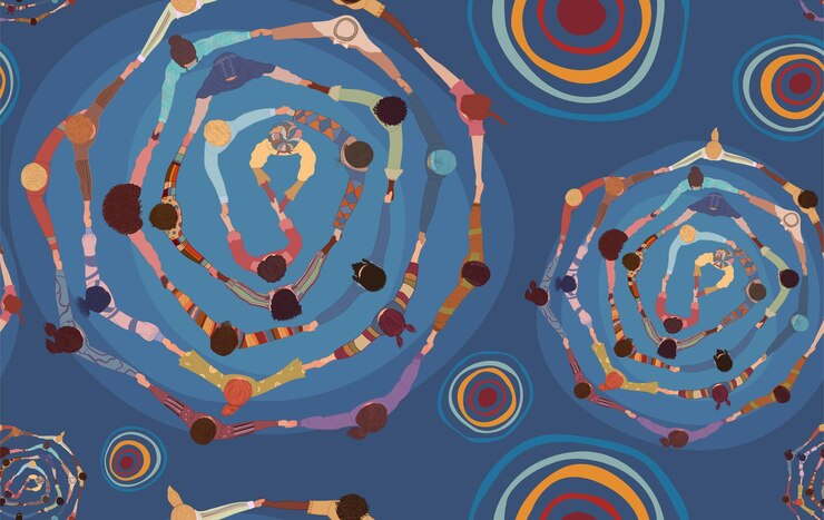 Vector backdrop seamless pattern group of diverse people in a circle from different cultures holding hands