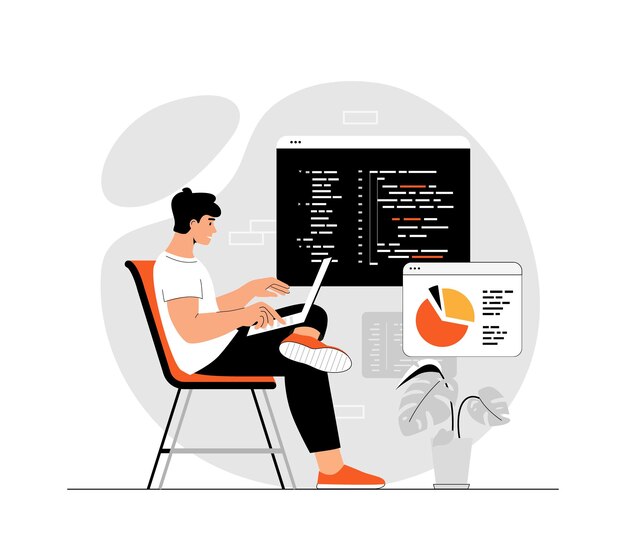 Backend development coding and programming IT specialist sit and write code on a laptop for website
