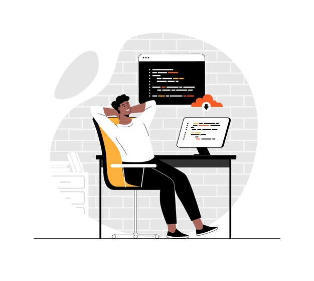 Backend development coding and programming Man working with program languages doing tasks finding