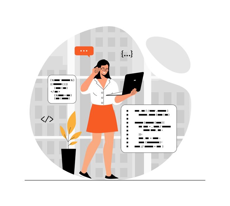 ਵੈਕਟਰ backend development coding and programming software woman working with program code fixing bugs an