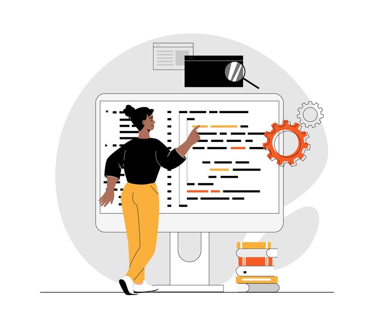 Vector backend development coding and programming web developer creating program code on monitor screen i