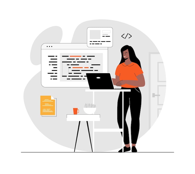 Vector backend development coding and programming woman write test and optimize code work with different