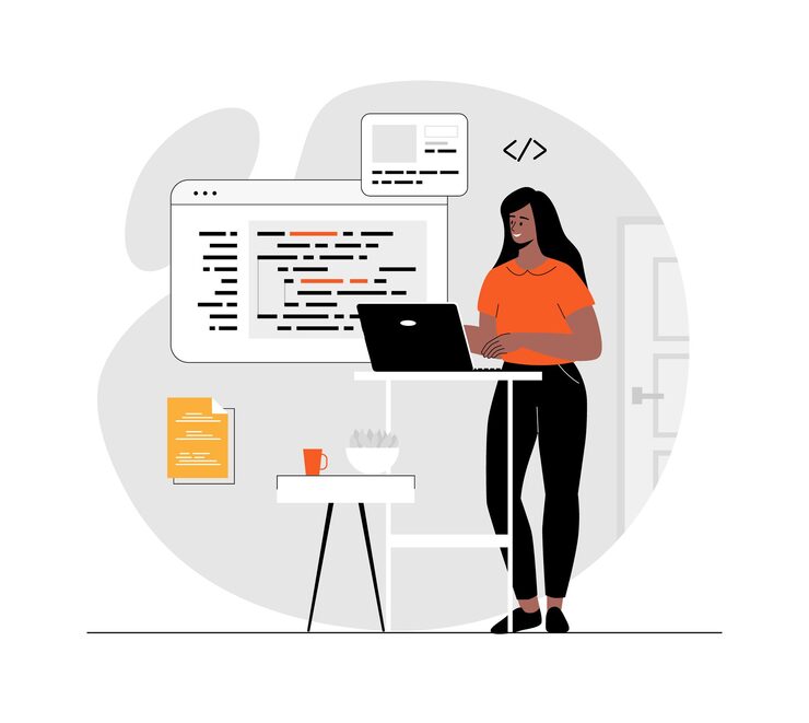 Vector backend development coding and programming woman write test and optimize code work with different