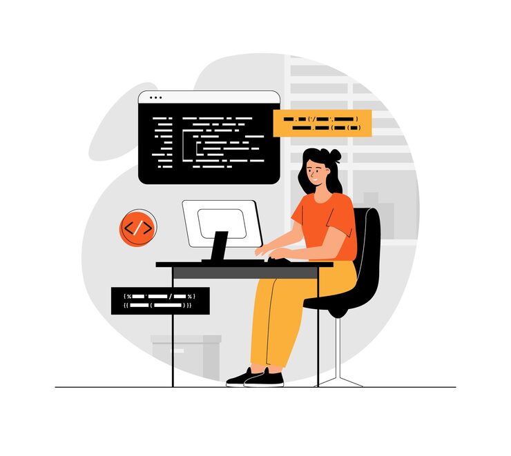 Vector backend development and programming woman developer coding and making program information technolo