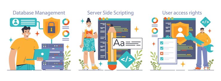 Vector backend development set coding software engineering or programming software script development flat