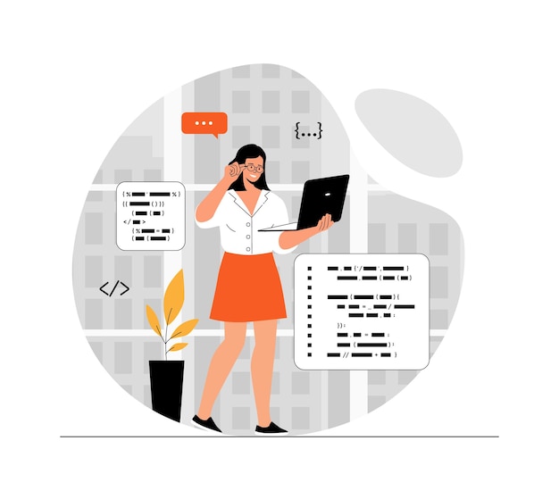 Backend ontwikkeling codering en programmering software Vrouw die werkt met programmacode en bugs oplost