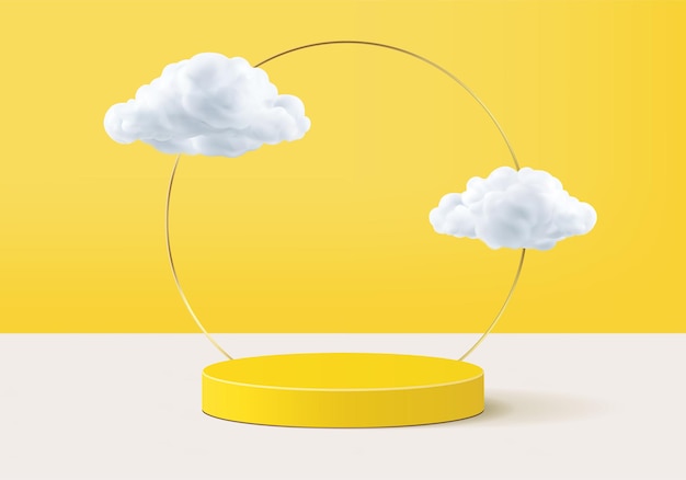 Background   3d yellow rendering with podium and minimal cloud scene, minimal product display