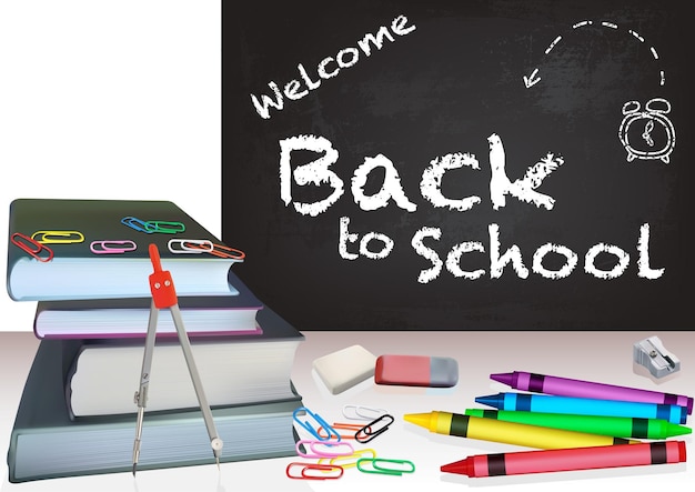 Vector background back to school with books and colorful school equipment