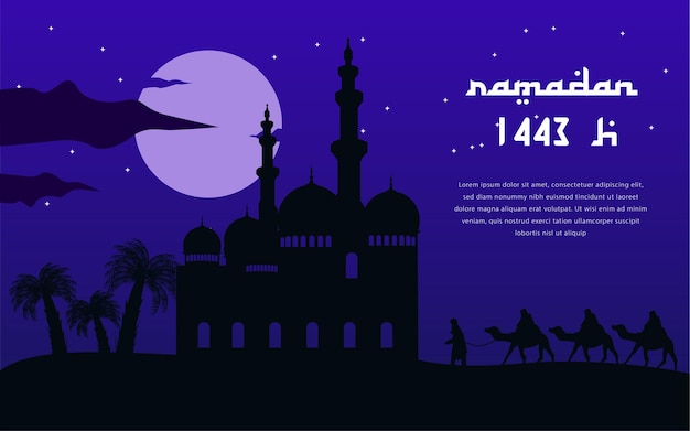 Background banner modern ramadan with mosque and camel in night