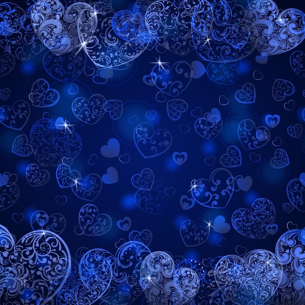 Background of big and small hearts with curls, in dark blue colors