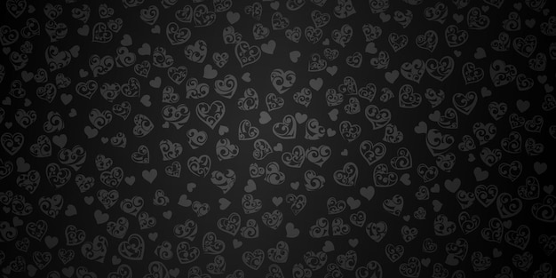 Background of big and small hearts with ornament of curls, in black colors