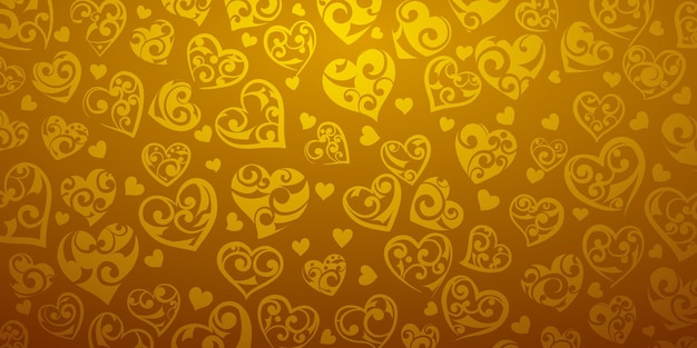 Background of big and small hearts with ornament of curls in orange colors