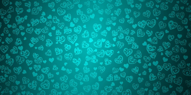 Background of big and small hearts with ornament of curls, in turquoise colors