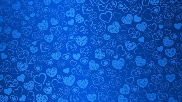 Background of big and small hearts with swirls in blue colors