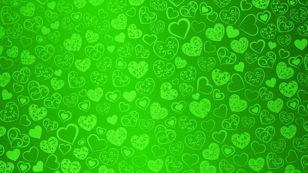 Background of big and small hearts with swirls in green colors