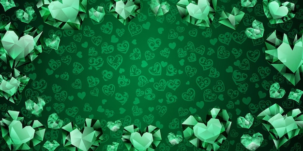 Background of big small and several crystal hearts in green colors Illustration on Valentine Day