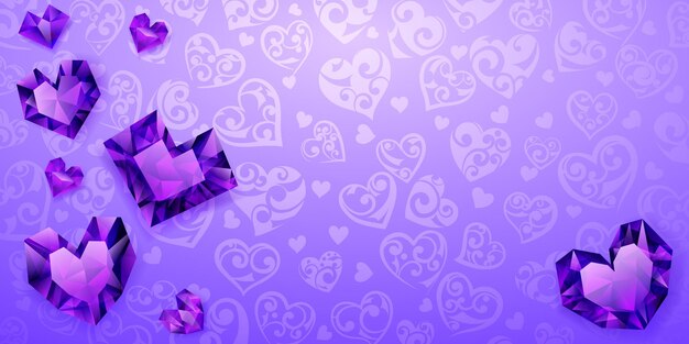 Background of big, small and several crystal hearts in purple colors. Illustration on Valentine Day