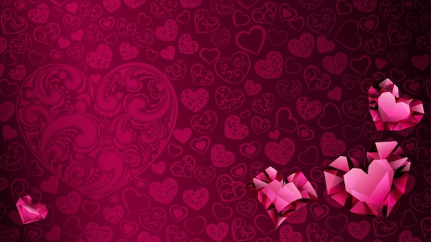 Background of big small and several crystal hearts in red colors Illustration on Valentine Day