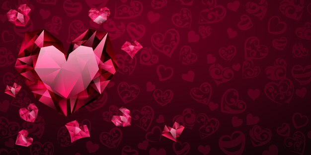 Background of big, small and several crystal hearts in red colors. Illustration on Valentine Day