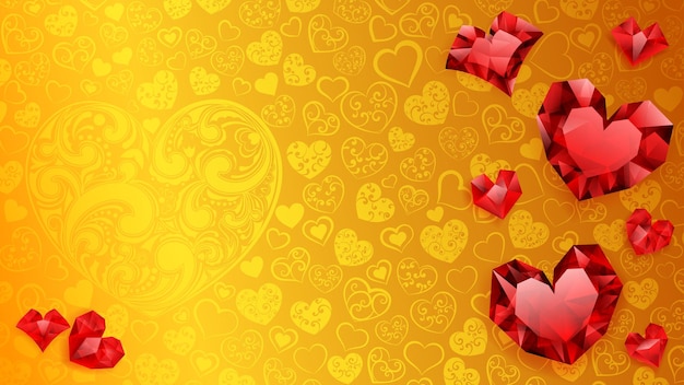 Background of big small and several crystal hearts red on yellow Illustration on Valentine Day