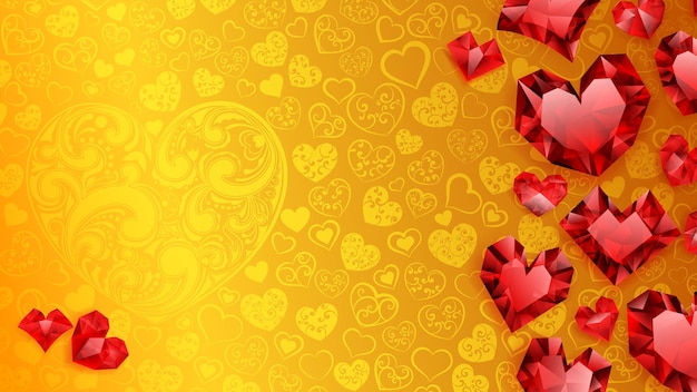 Sfondo di cuori di cristallo grandi, piccoli e diversi, rosso su giallo. illustrazione a san valentino