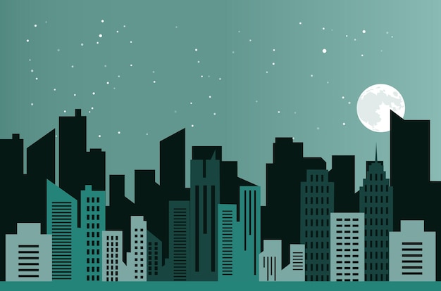 Vector background of black and white sky with moon, stars and silhouette of the city