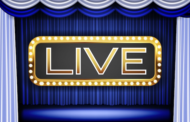 Vector background of blue curtain and live word neon sign