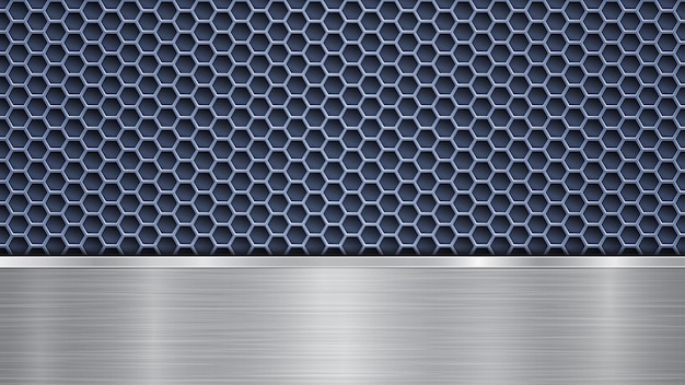 Vector background of blue perforated metallic surface with holes and horizontal silver polished plate with a metal texture glares and shiny edges