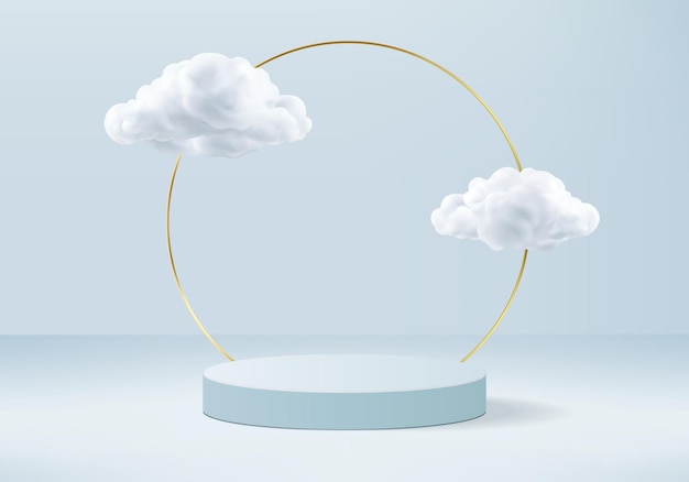 Background   blue rendering with podium and minimal cloud scene, minimal product display background  rendered geometric shape sky cloud blue pastel. Stage render product in platform