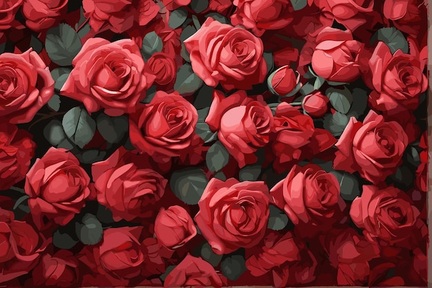 Background of bright red artificial roses and green leaves