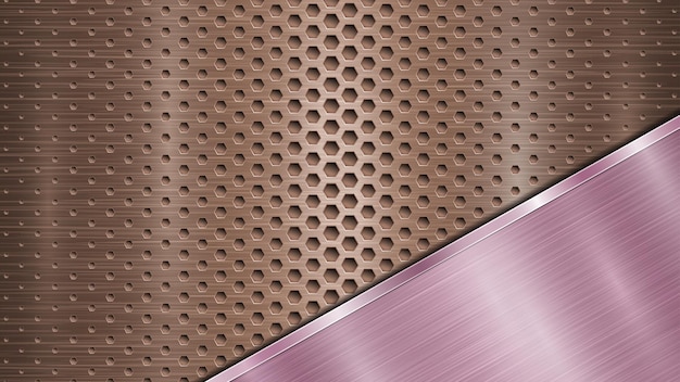 Background of bronze perforated metallic surface with holes and angled purple polished plate with a metal texture glares and shiny edges