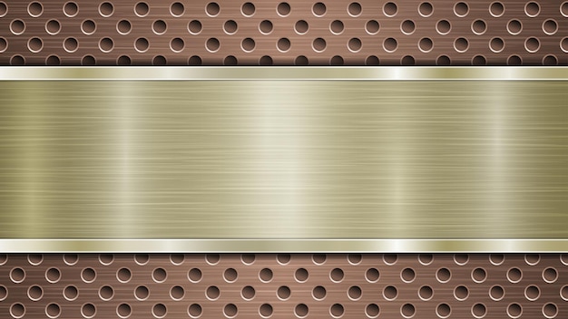 Sfondo di superficie metallica traforata in bronzo con fori e lastra dorata lucidata orizzontale con riflessi a trama metallica e bordi lucidi