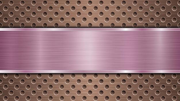 Vector background of bronze perforated metallic surface with holes and horizontal purple polished plate with a metal texture glares and shiny edges