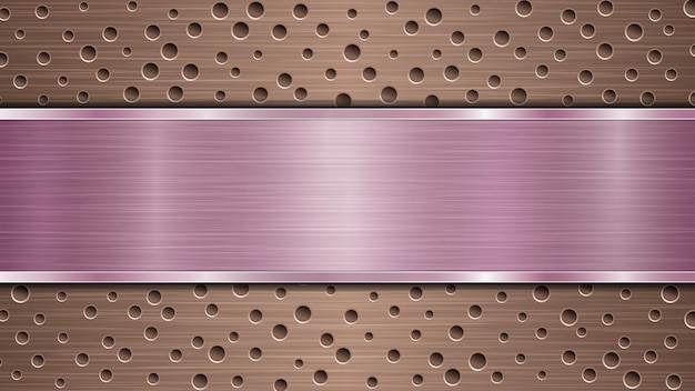 Фон из бронзовой перфорированной металлической поверхности с отверстиями и горизонтальной фиолетовой полированной пластиной с бликами металлической текстуры и блестящими краями