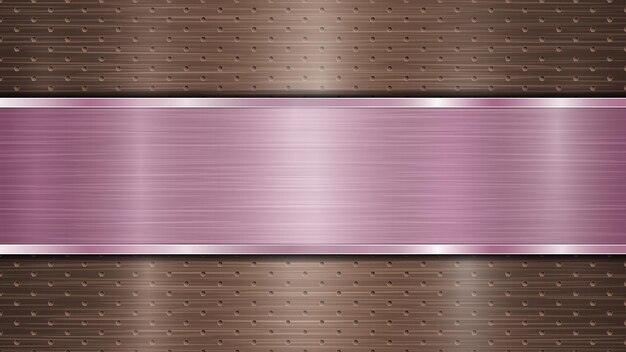 Background of bronze perforated metallic surface with holes and horizontal purple polished plate with a metal texture glares and shiny edges