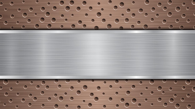 Vector background of bronze perforated metallic surface with holes and horizontal silver polished plate with a metal texture glares and shiny edges