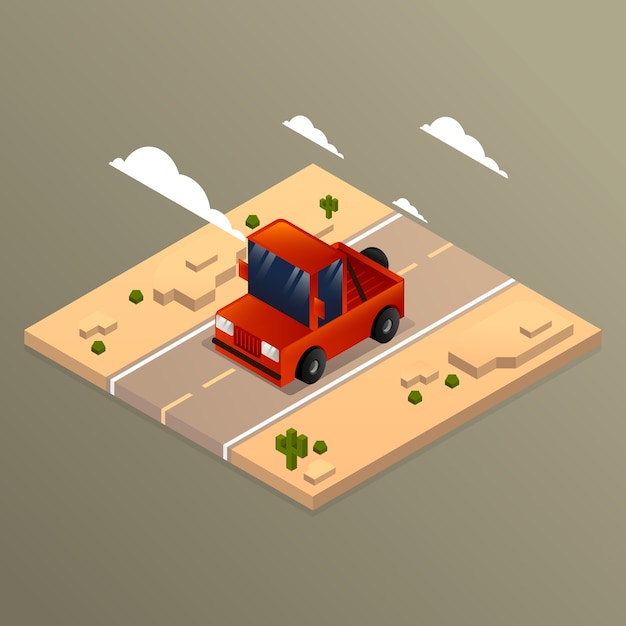 Vector background of car in the desert in isometric style